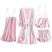 TIFENNY 4PC Sets Pajamas for Women Satin Lace Camisole Bowknot Shorts Nightdress Robe Pajamas Lingerie Sleepdress