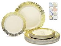 " OCCASIONS " 240 Plates Pack,(120 Guests) Premium Disposable Plastic Plates Set -120 x 10.25'' Dinner + 120 x 7.5'' Salad / Dessert (Florence Ivory/Gold)