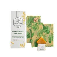 Soulera Organic Beeswax Wrap - Reusable Food Wrap Zero Waste Eco-Friendly Sustainable Plastic Wrap For Food Alternative - Premium set of 3 wraps 1 Large 1 Medium 1 Small and Beeswax Replenisher