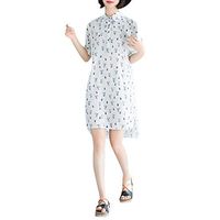 Vintage Casual Cute Women Short Sleeve Turn-Down Collar Knee Length Dress White