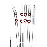 TIANYUAN 4pcs 9" 9mm Reuseable Bent Glass Straws with 1 Cleaning Brush Red Hearts