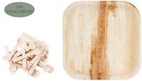 Perfectware 4" Palm Plate & Mini Wooden Spork Sets (Pack of 100 Total Pieces)