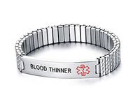 Mealguet Jewelry BLOOD THINNER- Unisex Stainless Steel Medical Alert ID Tag Stretch Wristband Bracelet/Deep Black engrave