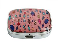 XUTAI Custom Personalized Square Stainless Steel Silver Glass Travel Pill Case Vitamin Decoration Box (Cute Funny Bugs Insects Beetles Colorful Doodles)