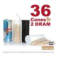RAW Organic 1 1/4 Cones in 60 Dram Pop Tops | 36 Pre Rolls with Tips in 2 Dram Bottles | Rolling Papers Made with All Natural Fibers with Resusable BPA-Free Dram Container Vial
