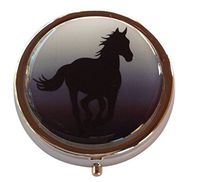 Horse Silhouette Round Three Compartment Silver Metal Pocket/Purse/Travel Pill Box Case (Black and White)