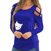 Kiminana Womens Strappy Cold Shoulder Tops Casual Tees Loose Basic T Shirts Summer Cute Cat Print Long Sleeve Tunic