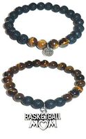 Hidden Hollow Beads Charm Tigers Eye and Black Lava Natural Stone Women's Yoga Beaded Stretch Bracelet Set. Comes in A Gift Box! (Basketball Mom)