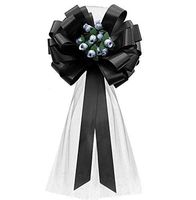Black Pull Bows with Silver Tulle Tails and Silver Rosebuds - 8" Wide, Set of 6, Wedding Pew Bows, Aisle Decoration, Reception, Anniversary, Mourning, School Dance, Fundraiser, Event Decor