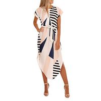 iLUGU Summer Casual Dresses for Women Geometric Print Short Sleeve V-Neck Maxi Dress with Belt