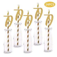 79th Birthday Paper Straw Decor, 24-Pack Real Gold Glitter Cut-Out Numbers Happy 79 Years Party Decorative Straws