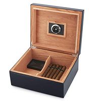 Cigar Humidor, MEGACRA Handmade Desktop Cigar Humidor with PU Leather Surface for 25-50 Cigars, Cedar Wood Lined Cigar Storage Box with Humidifier and Hygrometer