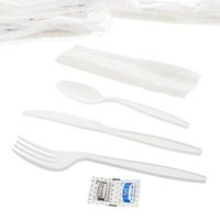 AmerCare Six Piece Meal Kit with 13 x 17 Napkin, Salt and Pepper Packets, White Heavy Weight Fork, Knife, and Teaspoon, Case of 250