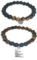 Hidden Hollow Beads Charm Tigers Eye and Black Lava Natural Stone Women's Yoga Beaded Stretch Bracelet Set. Comes in A Gift Box! (I am Enough)