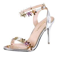 Cenglings Women Sexy Open Toe Flower High Heels Shoes Stiletto Heel Pumps Shallow Ankle Strap Buckle Sandals Party Dress Shoes(Silver,37)