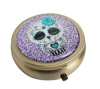 Halulu Shiny Purple Glitter with Sugar Skull Owl Personalized Design Round Bronze Pill Case Decorative Metal Medicine Vitamin Organizer Unique Gift