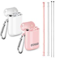OTAGO 2 Pack Collapsible Reusable Straws, Food-Grade Foldable Silicone Drinking Straw with Portable Case and Cleaning Brush, for Cold Beverage, Coffee and Smoothie（White/Pink）