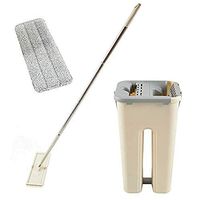 joystar Squeeze Flat Mop, 1 Bucket, Wet Dry Floor Cleaning Hand Free, 3 Reusable Mop Pads, Stainless Steel Handle (Brown)