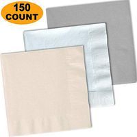 150 Lunch Napkins, Ivory, Bright White, Shimmering Silver - 50 Each Color. 2 Ply Paper Dinner Napkins. 6.5" folded, 13.5" unfolded.