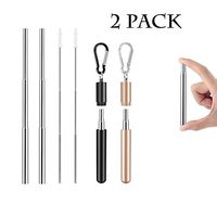 Mai Z i 2 Pack Reusable Telescopic Straws Stainless Steel Collapsible Straw With Portable metal case keychain Cleaning Brush Can be used outdoors and travel-black & Rose gold