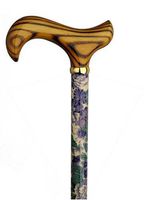 Walking Cane Lavender Lace. Elegant floral print in shades of purple on a dark background. Maple wood shaft with a scorched derby handle. Weight capacity 250 pounds; 35-36 inches long.