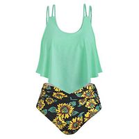 Theoylos Women's Swimsuits Two Pieces Flounce Top High Waist Bottom Tankini Sets Ladies Flowy Beach Swimwear Green