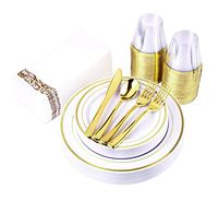 Gold Rim Plastic Dinnerware (200-Piece) Plastic Plates, Plastic Cutlery, Plastic Cups and Guest Towels - Service for 25 Guests Gold Place Setting for Wedding, Party, Baby Shower, Birthday, Holiday