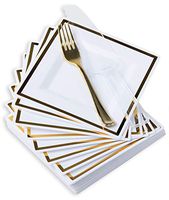 Dessert Plates with Forks & Cake Knife, 201 Pcs - Modern, Square, Disposable Set in Gold or Rose Gold Trim - Premium Plastic Serveware - Party Supplies, Durable, Non-Toxic and BPA-Free (gold)