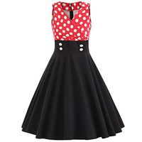 TWGONE Sleeveless Dresses For Women Summer Vintage Dot Print V Neck Botton Swing Dress(X-Large,Black)