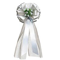 Silver Pull Bows with Tulle Tails and Rosebuds - 8" Wide, Set of 6, Wedding Pew Bows, Aisle Decoration, Reception, Anniversary, School Dance, Fundraiser, Christmas, New Year's, Birthday, Party