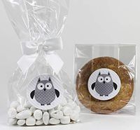 Owl Gender Neutral Baby Shower Treat Party Favor Bags with Gray Stickers and Twist-Tie Satin Bows. Set of 10 Ready-to-Use 11x5x3 Clear Cellophane Goodie Gift Bags, Bows and Stickers, Gray, White