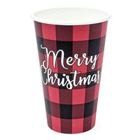 Greenhouse Compostables, Merry Christmas Paper Cups, 50 ct, 16oz - 100% Compostable, Red and Black Buffalo Check Plaid, Disposable Holiday Party Drinkware
