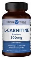 Vitamin World L-Carnitine 500mg.Assists Energy & Fat Metabolism Supports Coronary Health 120 Coated caplets