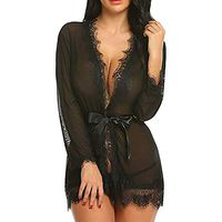 SUIKI Sexy Lingerie for Women Underwear Doll Pajamas Midnight Mesh Robe with Thong + Belt Black