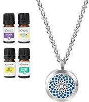 Sunflower Design Essential Oil Diffuser Necklace Stainless Steel Locket Pendant with 24" Chain+ 4 Essential Oils (Lavender, Peppermint, Inner Calm,Zen) Gift Set