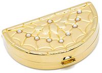 Gold Floral & Gem Pattern Semicricle Pocket Purse Portable Travel Pill Box & Medicine Organizer (1 Large Compartment)