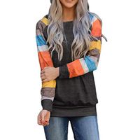 HNTDG Women Stripe Color Block Long Sleeve Print Loose Round-Neck Pullover Sweatshirt Autumn Winter Blouse Gray