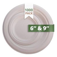 CaterEco Bagasse Compostable Disposable Plates (1000 Count) | 6” and 9” Eco Friendly Biodegradable Round Plate Set | 100% Tree-Free Paper Plates Alternative | for Parties, Dessert, Cake & More
