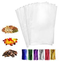 200 Pcs 4x9 Clear flat Cello/Cellophane Treat Bags for Gift Wrapping, Bakery, Cookie, Candies, Dessert, Party Favors Packaging, with color Twist Ties!