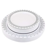 Set of 40 Disposable Dinner Plates Bundle Combo | Premium Quality Firm White Plastic | Elegant Silver Designed Rims | Bulk Qty 20x 10.25'' Dinner Plates + 20x 7.25'' Salad Plates