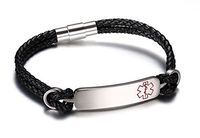 JF.JEWELRY Medical Alert ID Bracelets for Women 2-Layers Black Leather Woven Link-Free Engraving
