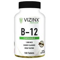 Vizinx B-12 1,000 MCG Cherry Flavored 100 Tablets, Provides Energy, Concentration, and Mental Clarity. Non GMO.