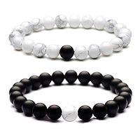 Reizteko 2pcs Yin and Yang Elastic Lava Stone Essential Oil Diffuser Black Matt White Howlite Bracelet (Smooth)