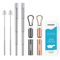 Metal Straws with Case, Kollea Unique 4-joint Design Portable Telescopic Reusable Stainless Steel Metal Straw with Case Keychain and Cleaning Brush - 2 PACK, Grey & Rose Gold