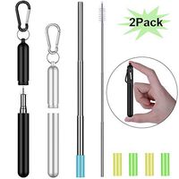 Collapsible Reusable Straws Stainless Steel, Telescopic Metal Straws Drinking Straw with Portable Travel Case, Keychain, Cleaning Brush, Silicone Tips, 2 Pack (Black & Sliver)