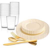 Elegant Disposable Plastic Dinnerware Set for 144 Guests - Fancy Flared Ivory Dinner Plates, Dessert Salad Plates, Gold Silverware Set & Cups For Christmas, Weddings, Birthday Party & All Occasions