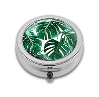 Pill Box,Tropical Leaf Leaves Green with White Pill Organizer with 3 Compartments Silver 2.1 Inches Portable Vitamin Pill Case for Pocket Purse