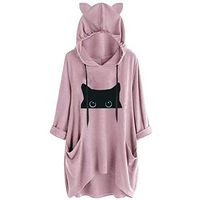 HNTDG Women Casual Oversized Print Cat Ear Hooded Shirt Solid Long Sleeve Pocket Irregular Blouse Top Pink