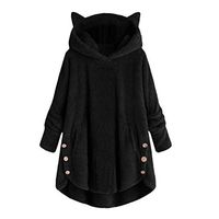 Sunhusing Ladies' Solid Color Plush Long Sleeve Casual Cat Ear Hoodie Button Decor Sports Sweatshirt Tops(Black,2XL)
