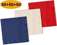 150 Beverage Napkins, Navy blue, Ivory, Red - 50 Each Color. 2 Ply Paper Cocktail Napkins. 5" folded, 10" unfolded.